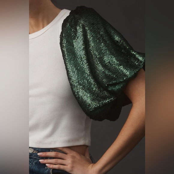 ✨ NWOT Anthropologie Emerald Sequin Sleeves - Picture 2 of 8